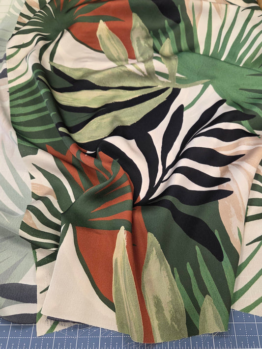 Designer LA Deadstock Resort wear Overlapping Tropical Caribbean Foliage Palms Satin Woven- by the yard