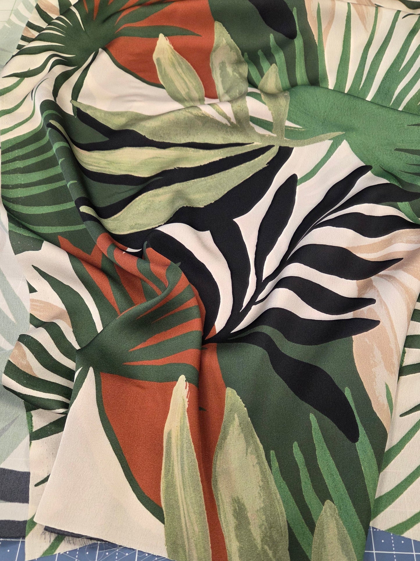 Designer LA Deadstock Resort wear Overlapping Tropical Caribbean Foliage Palms Satin Woven- by the yard