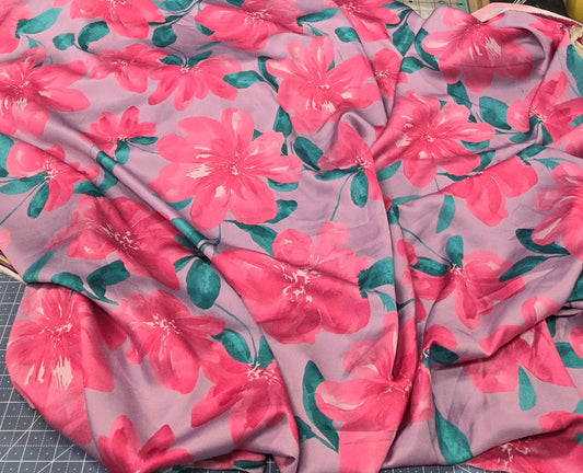 Designer Deadstock Garden Party Purple and Pink Floral Satin Luxe with Slight Sheen Woven- by the yard