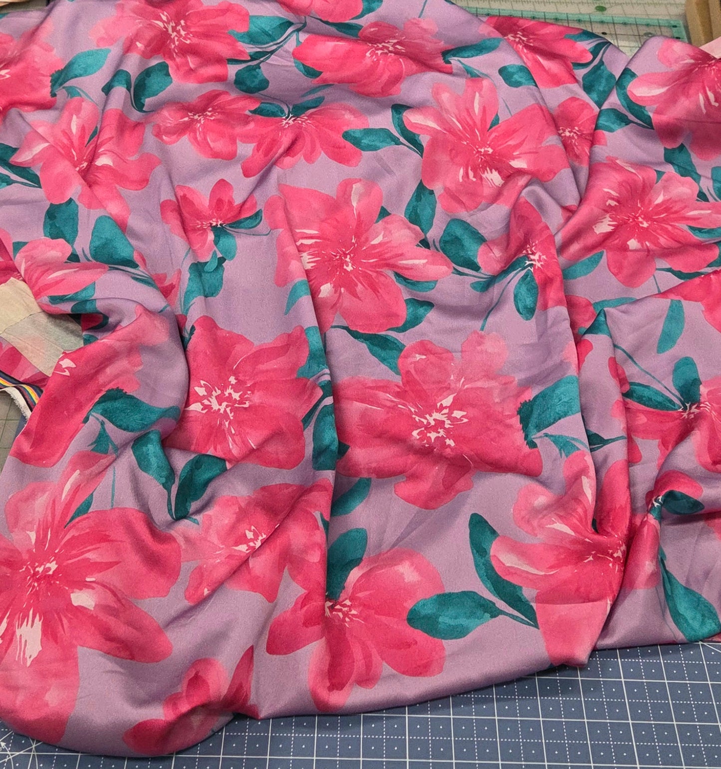 Designer Deadstock Garden Party Purple and Pink Floral Satin Luxe with Slight Sheen Woven- by the yard