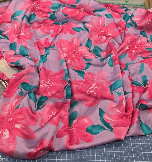 Designer Deadstock Garden Party Purple and Pink Floral Satin Luxe with Slight Sheen Woven- by the yard