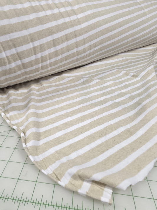 Designer Deadstock Organic Soft Cotton Jersey Oatmeal an Ivory Vertical Stripe Knit- by the yard