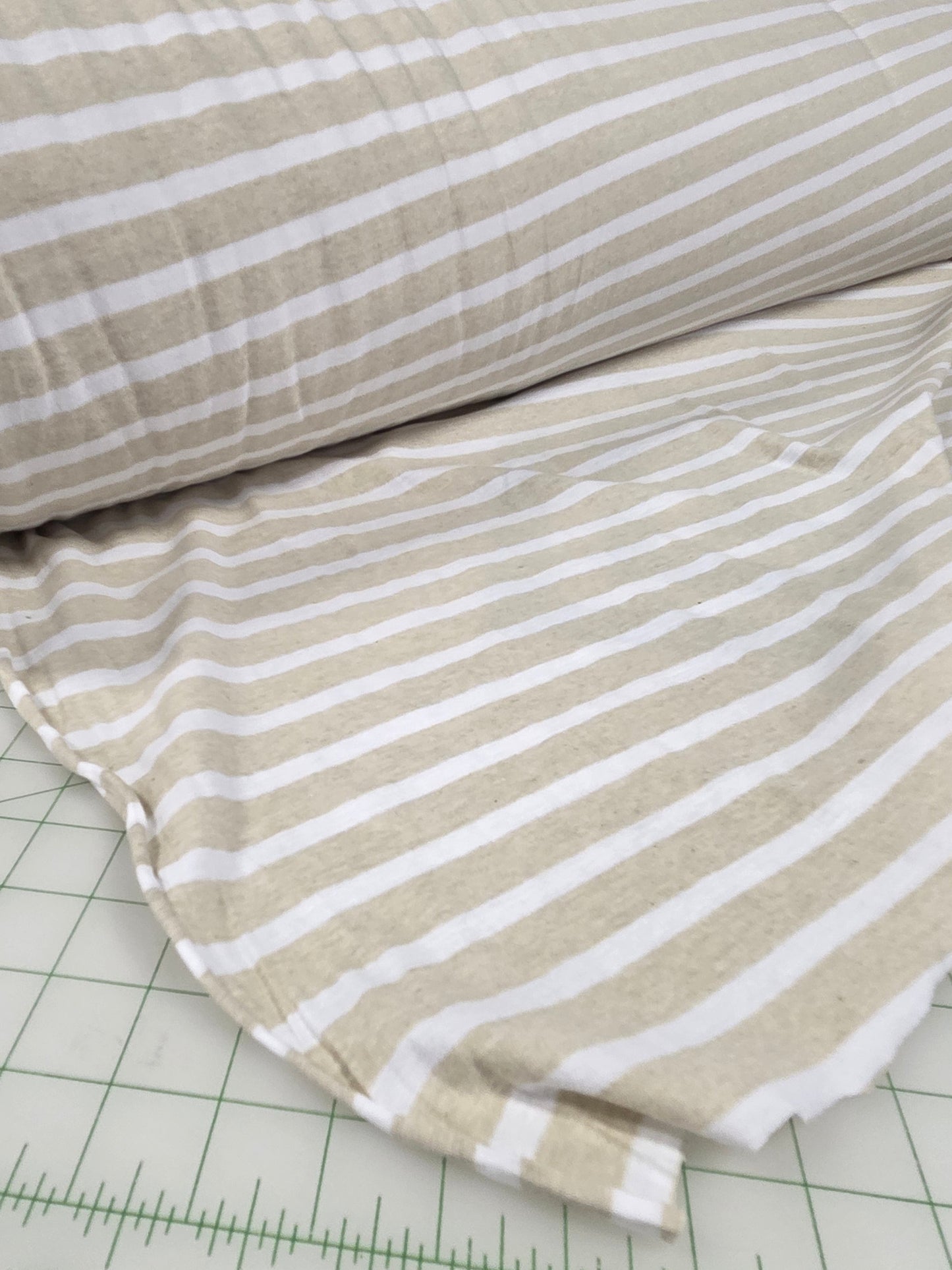 Designer Deadstock Organic Soft Cotton Jersey Oatmeal an Ivory Vertical Stripe Knit- by the yard