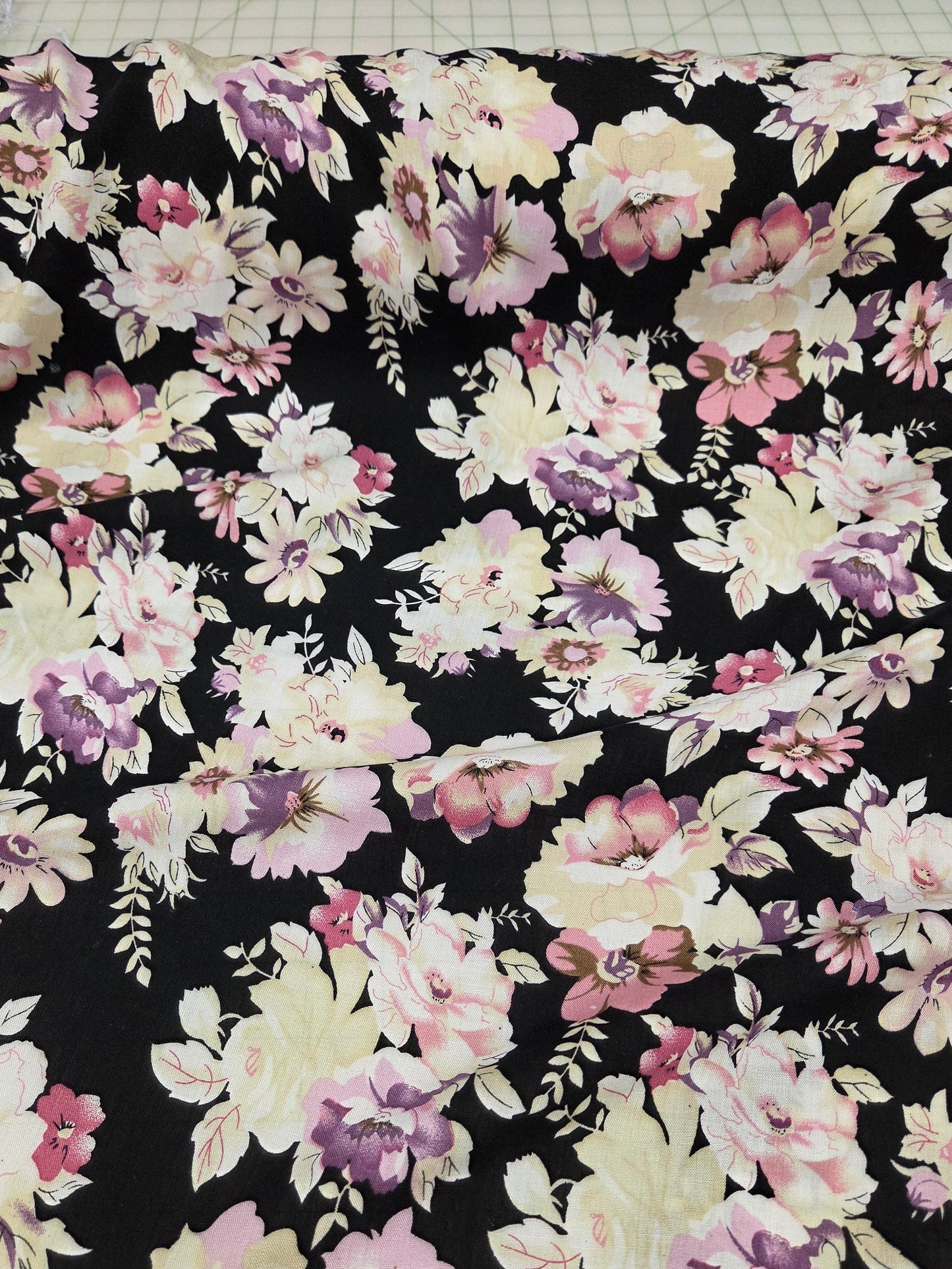 End of Bolt: 5 yards of Rayon Challis Sophia Rose Lilac and Black Floral Woven-remnant