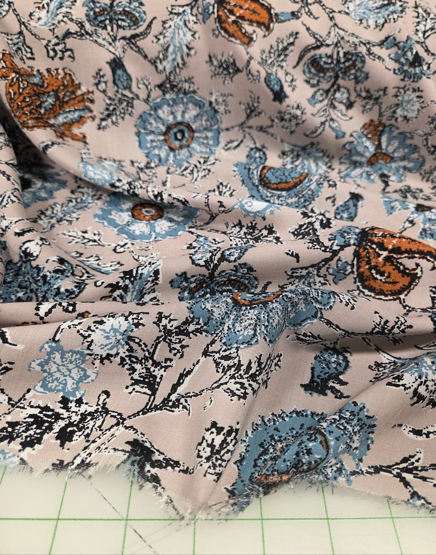 rayon challis bohemian paisley woven blue and beige woven. fabric by the yard