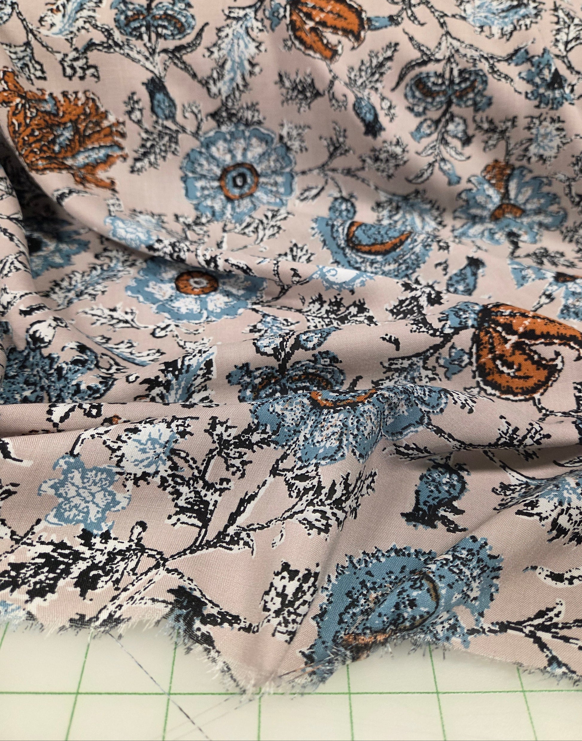 rayon challis bohemian paisley woven blue and beige woven. fabric by the yard