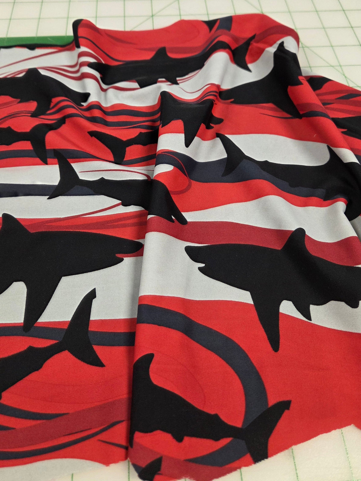 Nylon Spandex Sharks Activewear/Swimwear Black and Red Knit- Sold by the yard