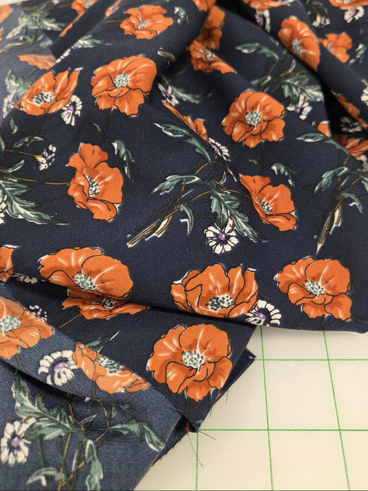Designer LA Deadstock Poly Crepe De Chine Navy and Orange Floral Poppies Blousewear Woven-by the yard