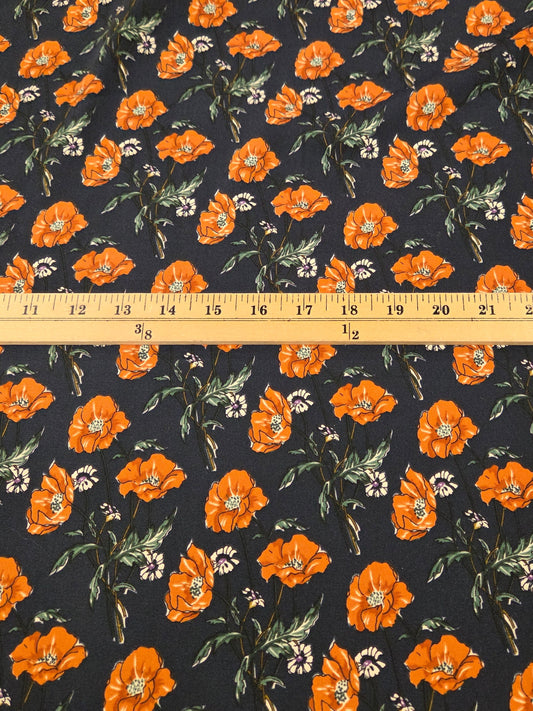 Designer LA Deadstock Poly Crepe De Chine Navy and Orange Floral Poppies Blousewear Woven-by the yard