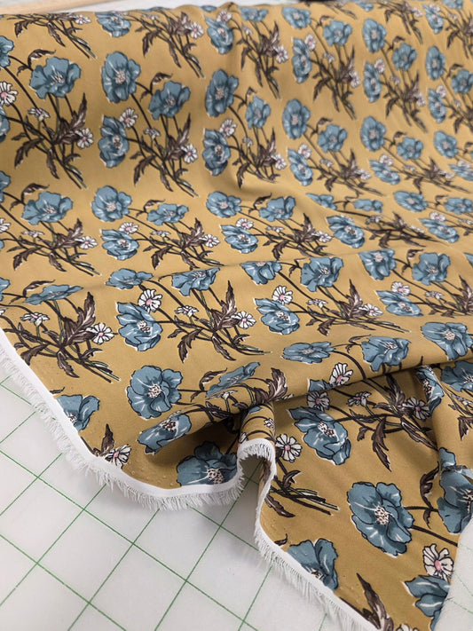 Designer LA Deadstock Poly Crepe De Chine Beige Florals Blousewear and Blue Woven-by the yard