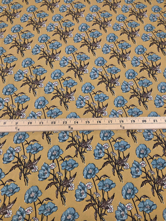Designer LA Deadstock Poly Crepe De Chine Beige Florals Blousewear and Blue Woven-by the yard