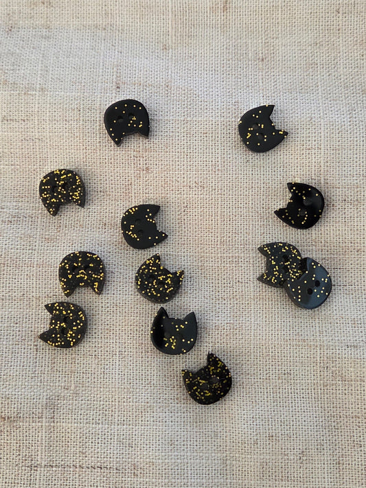 Sewing Supplies: Handmade Black Glitter  Cat Buttons Acrylic 1/2" inch Buttons- Set of 12- 1 pack
