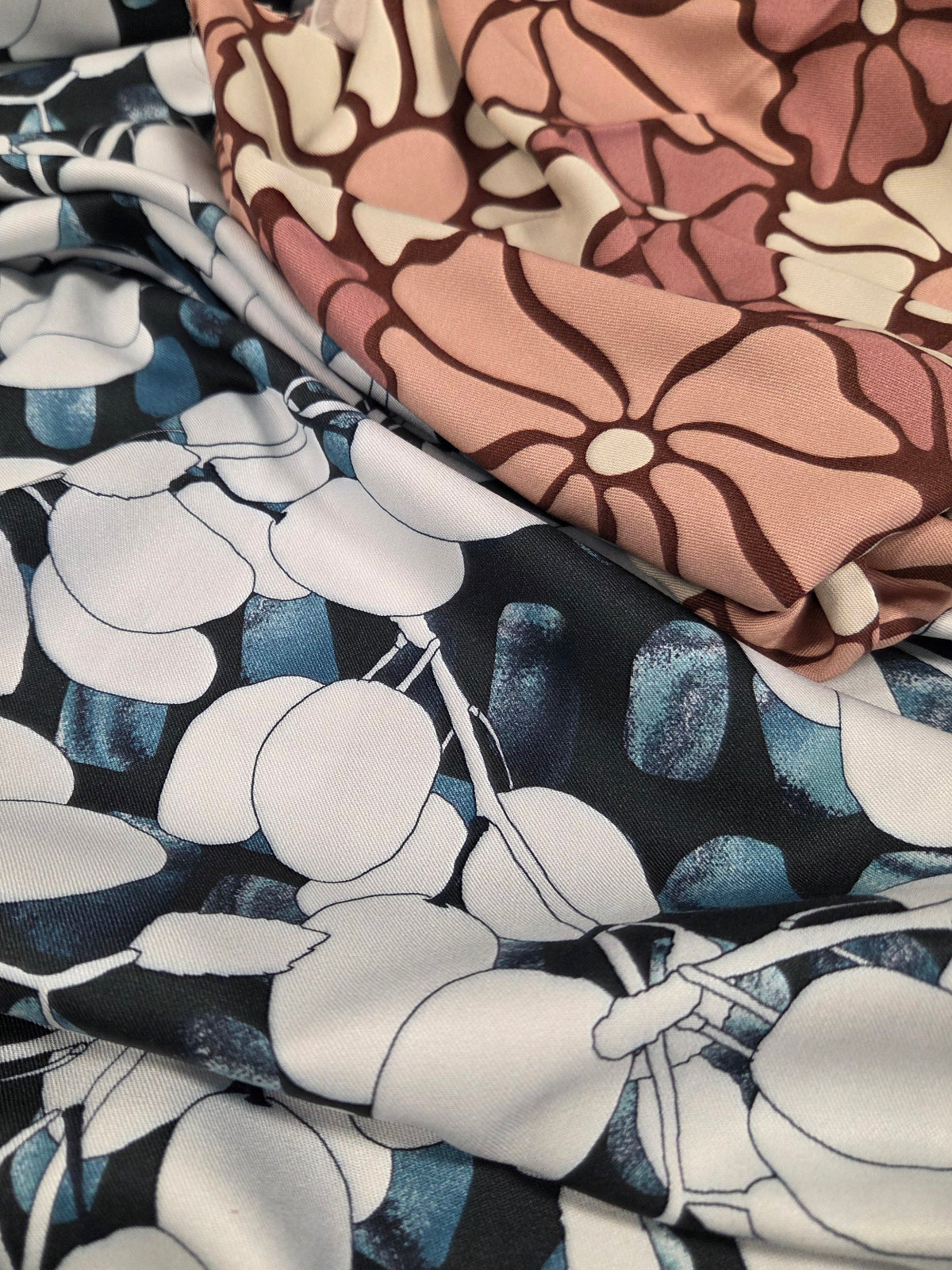 Close-up of fabric with floral patterns in various colors.
