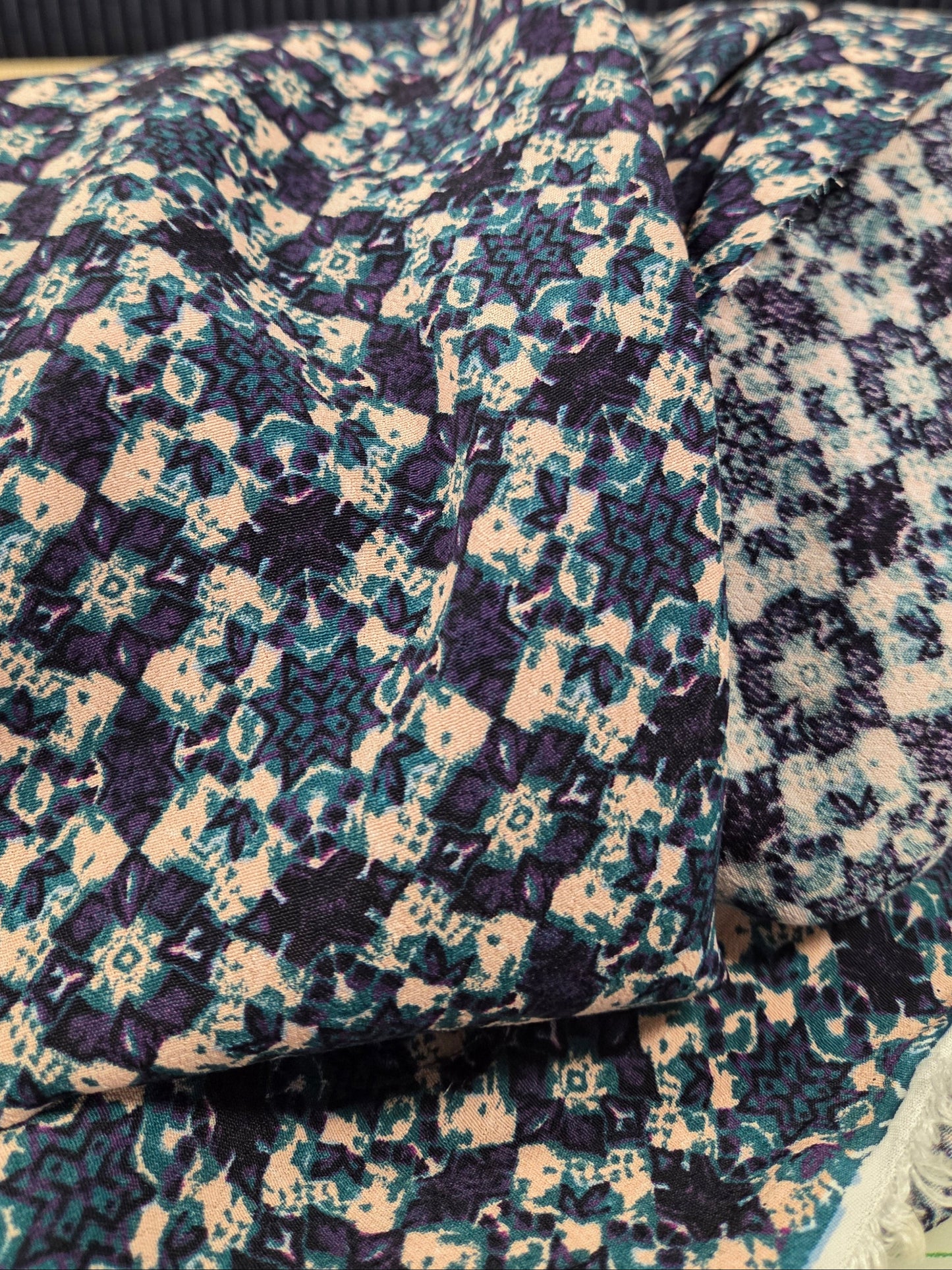 End of bolt: 2.5 yards of Designer Deadstock Abstract Bohemian Rayon Crepe Woven- remnant