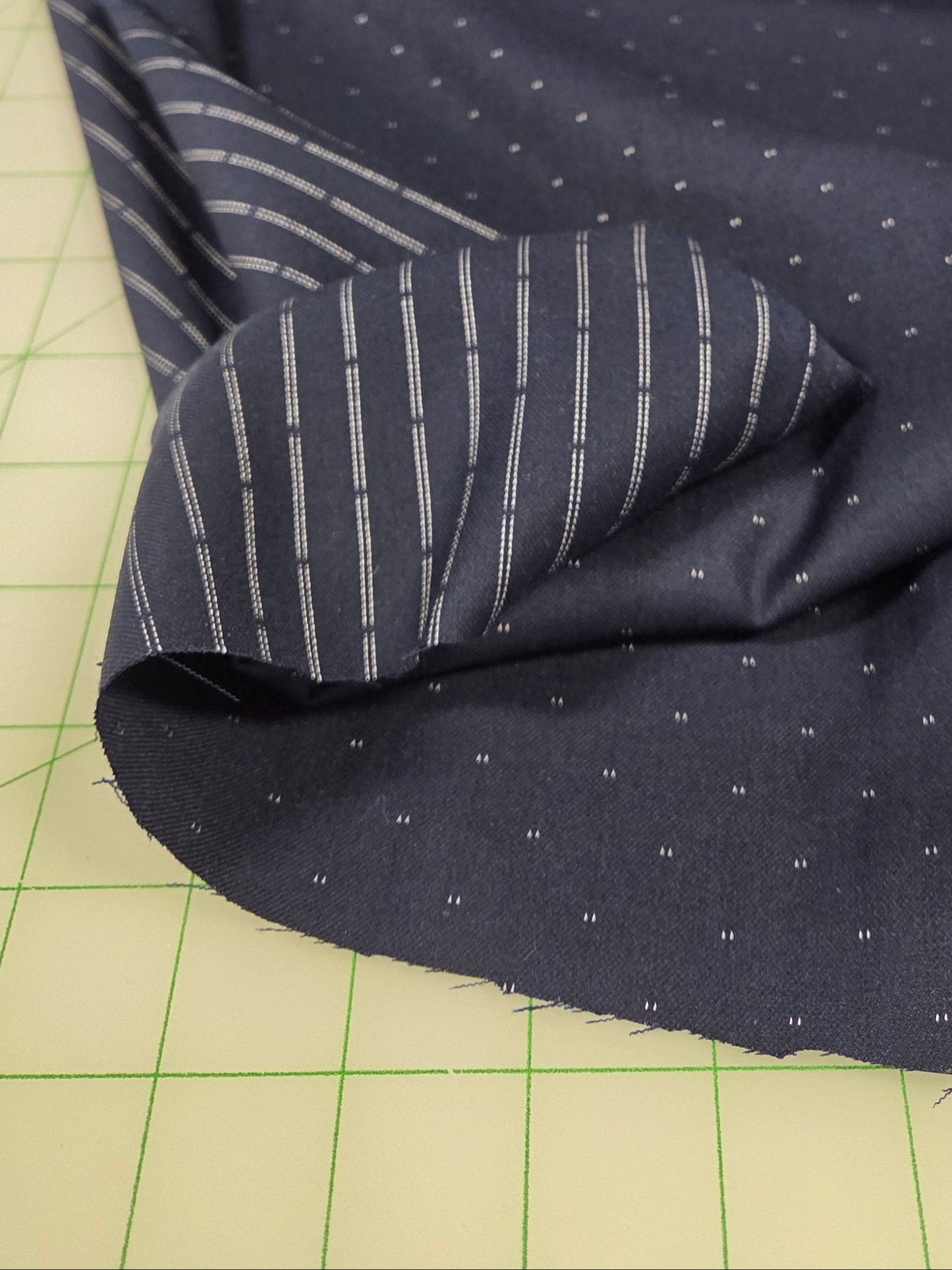 Designer Deadstock Navy and Cream Dot and Reverse Ticking Stripe Cotton Twill Weave Suiting Woven- by the yard