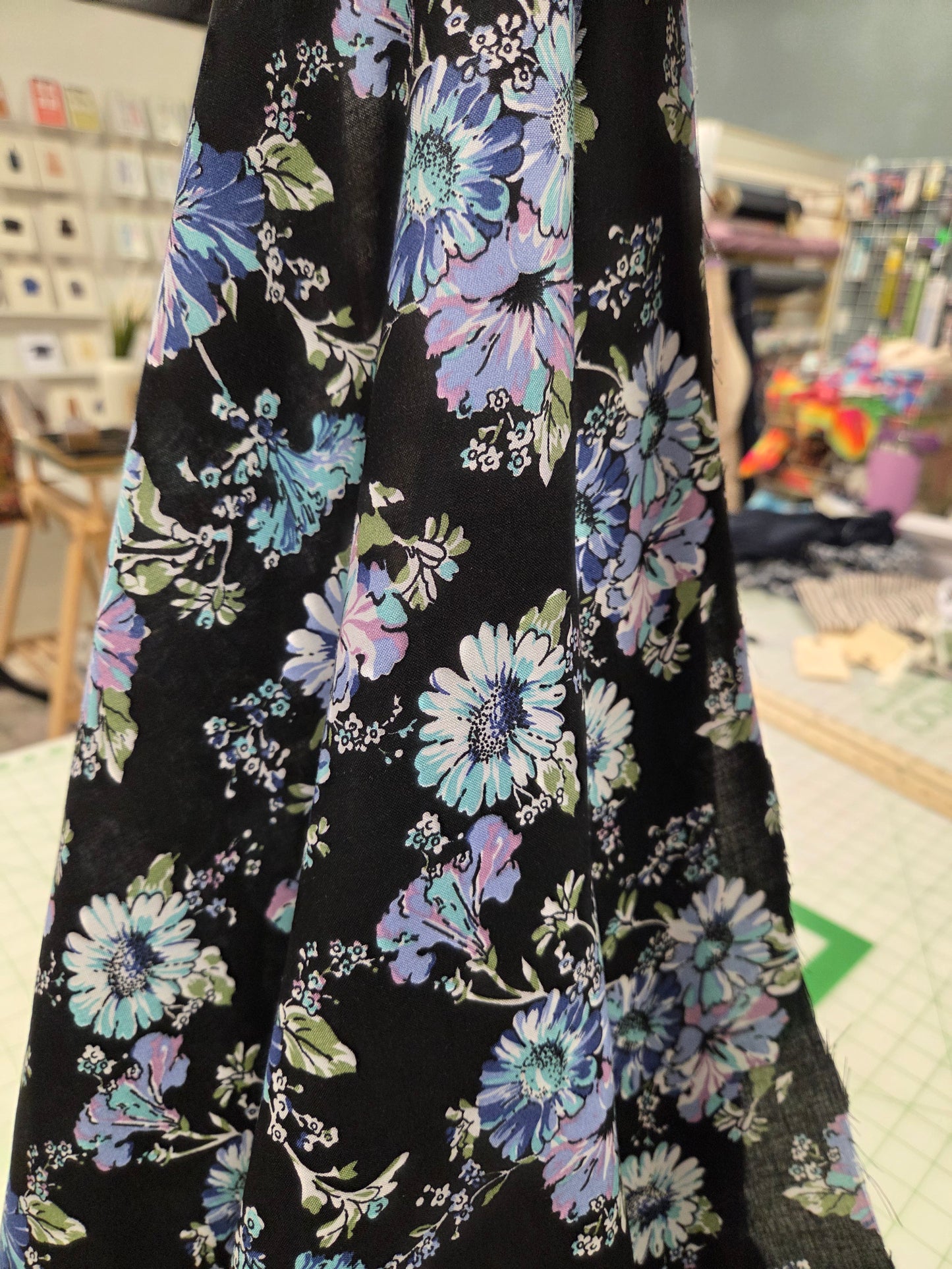 Designer Deadstock Purple and Black Floral Summer Rayon Challis Woven- by the yard