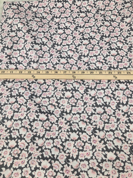rule grid to show how large print is. floral fabric small overlapping of gray and pink florals