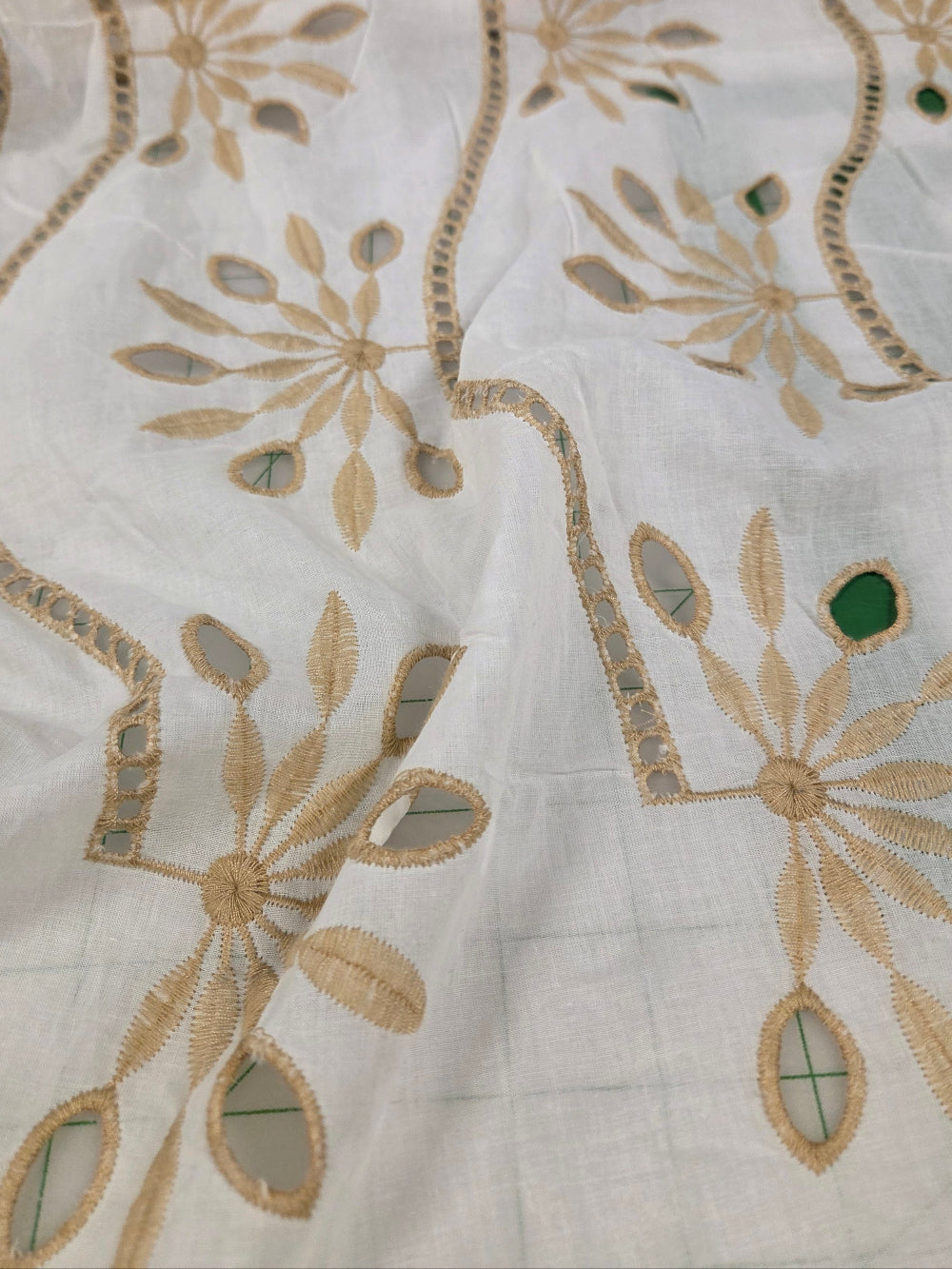 End of Bolt: 3 yards of Designer Deadstock Bohemian Resortwear Vertical Wavy Stripe White Cotton Voile Eyelet Woven- remnant