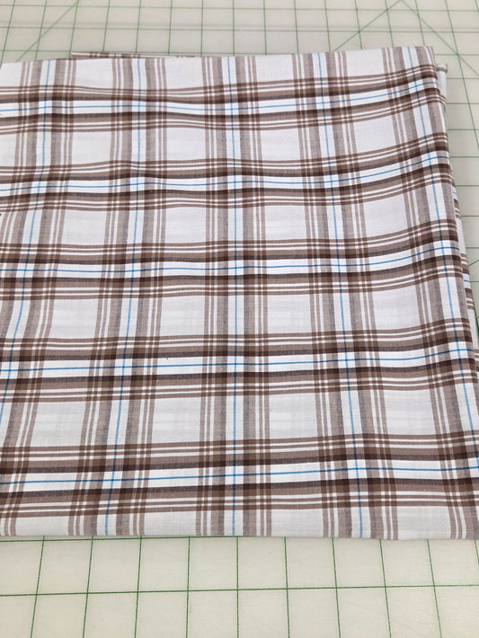Designer Deadstock Plaid Brown and White Cotton Spandex Shirting Poplin Woven-by the yard