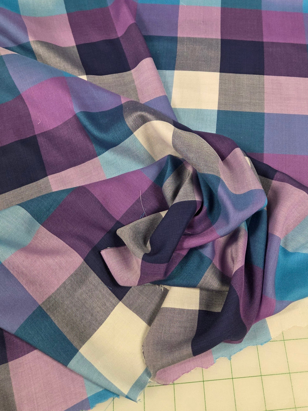 Designer Deadstock Blue and Purple Large Checker Rayon Twill Challis Woven- by the yard
