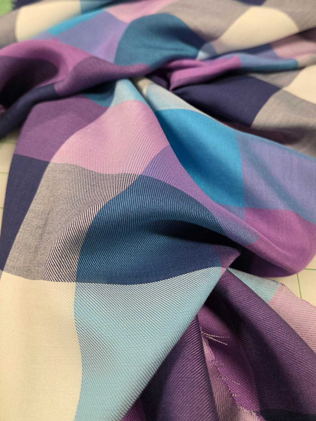 Designer Deadstock Blue and Purple Large Checker Rayon Twill Challis Woven- by the yard