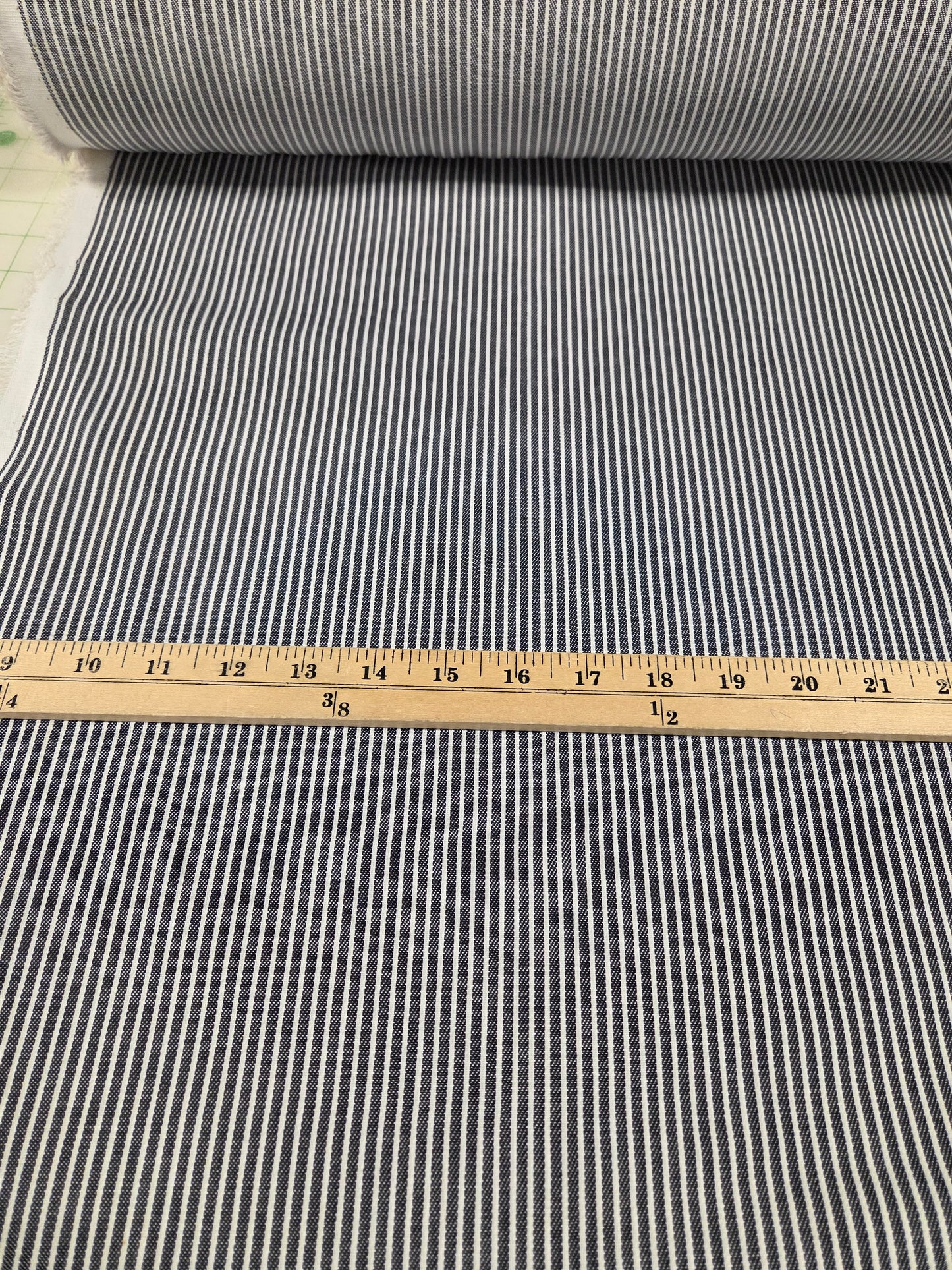 Designer Deadstock  Lightweight Shirting Cotton Stripe Indigo and White Denim Woven- by the yard