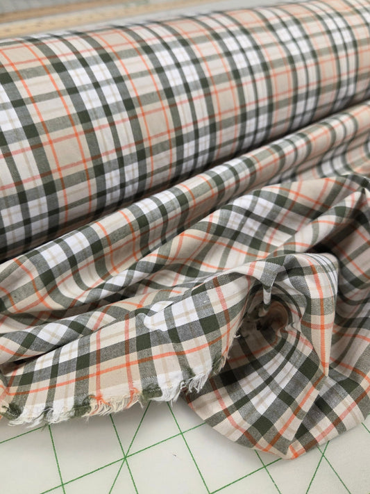 Designer Deadstock Plaid Green and Khaki Cotton Spandex Shirting Poplin Woven-by the yard