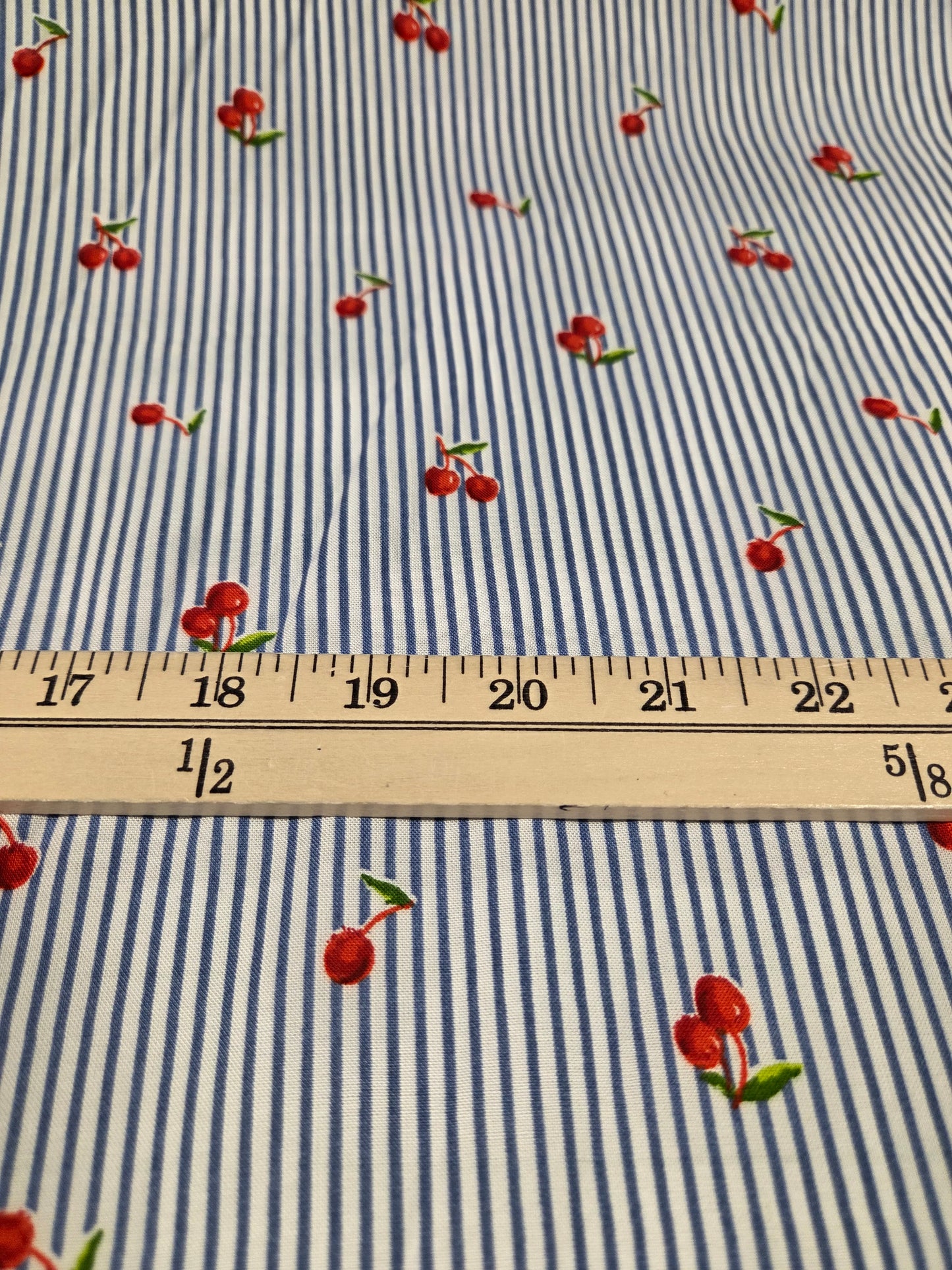 Designer Deadstock Rayon Challis Vertical Small Light Blue Stripe with Cherries Woven- by the yard