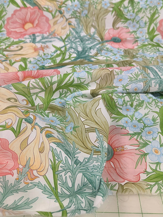 Italian Deadstock Cotton Linen Voile Vintage Pink  and Blue Floral Inspired  Woven- by the yard