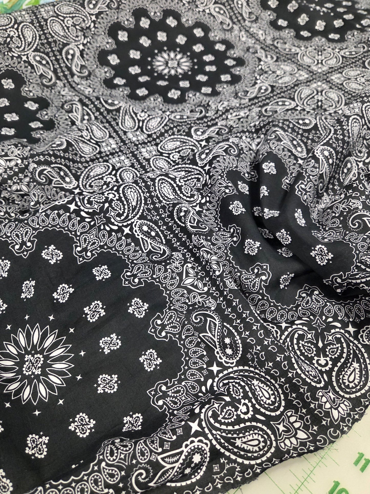 Italian Deadstock Cotton Linen Voile Black Bandana Handkerchief Print Woven- by the yard