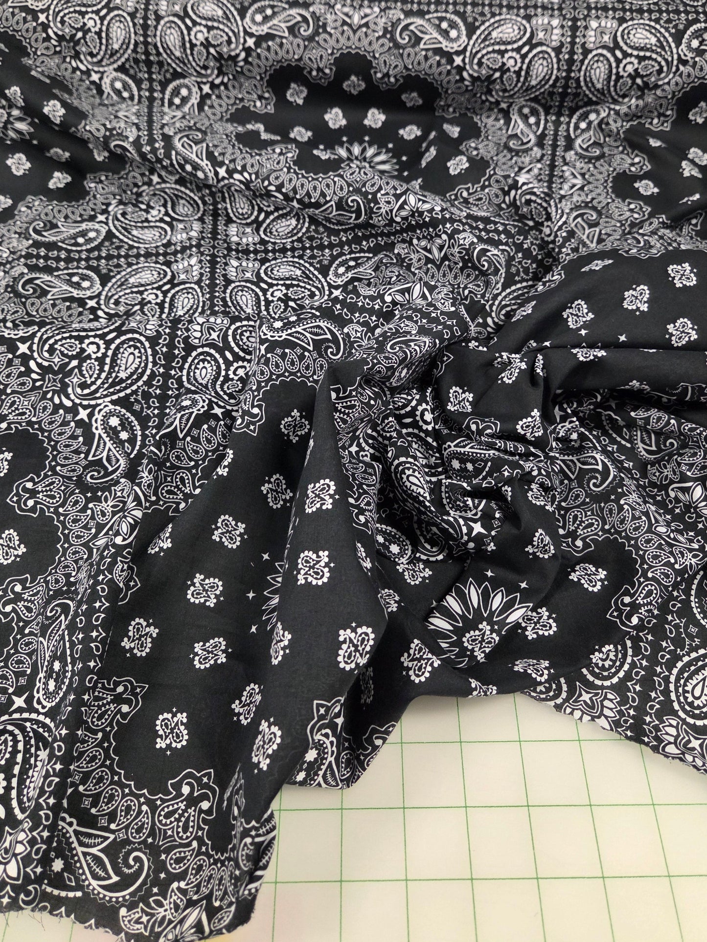 Italian Deadstock Cotton Linen Voile Black Bandana Handkerchief Print Woven- by the yard