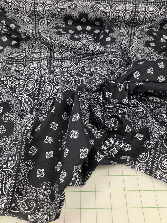 Italian Deadstock Cotton Linen Voile Black Bandana Handkerchief Print Woven- by the yard