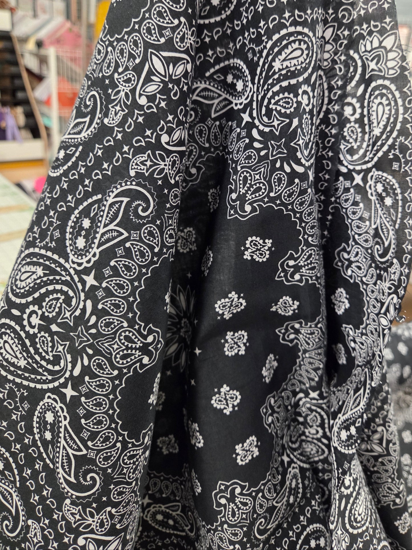 Italian Deadstock Cotton Linen Voile Black Bandana Handkerchief Print Woven- by the yard