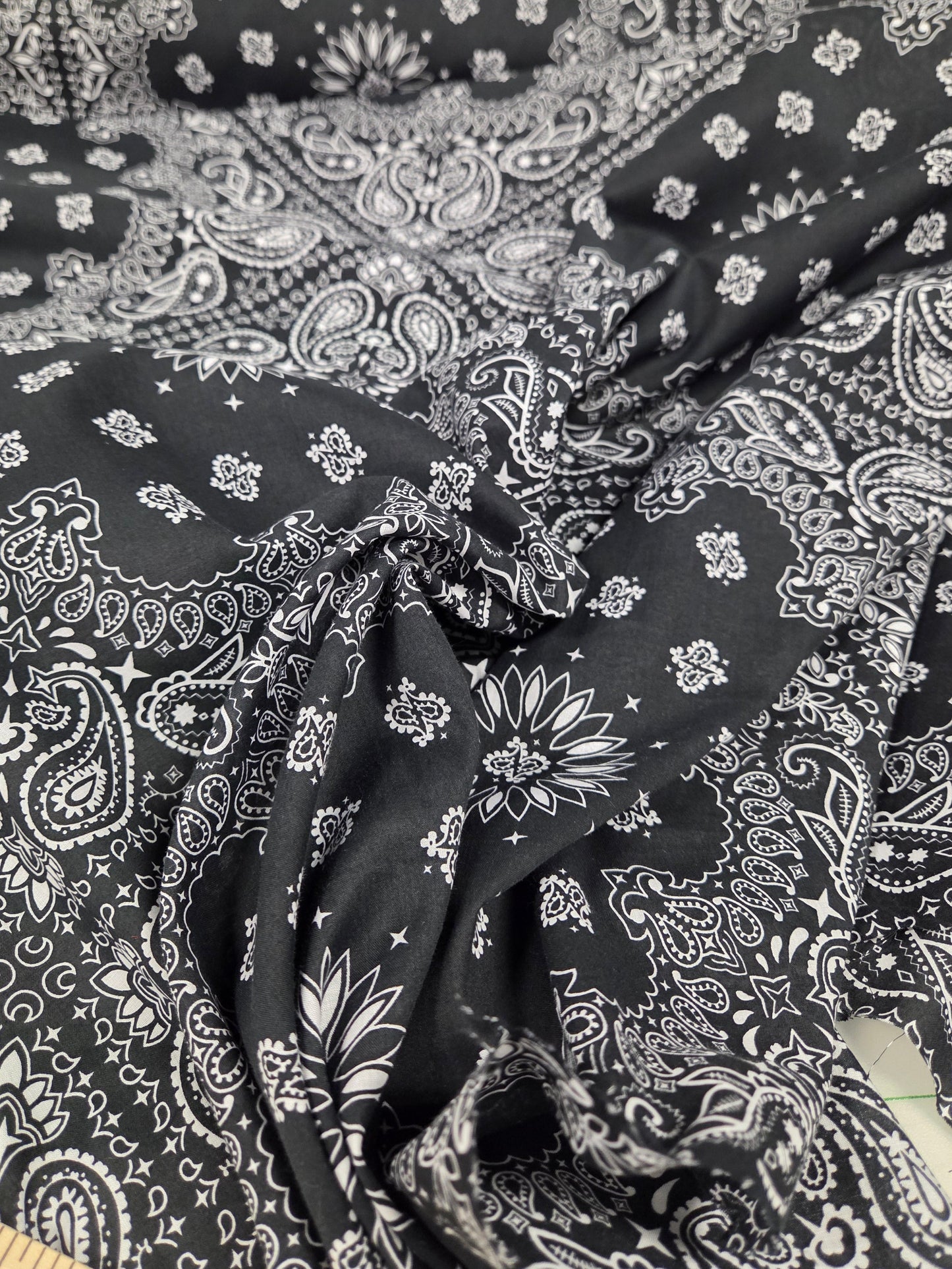 Italian Deadstock Cotton Linen Voile Black Bandana Handkerchief Print Woven- by the yard