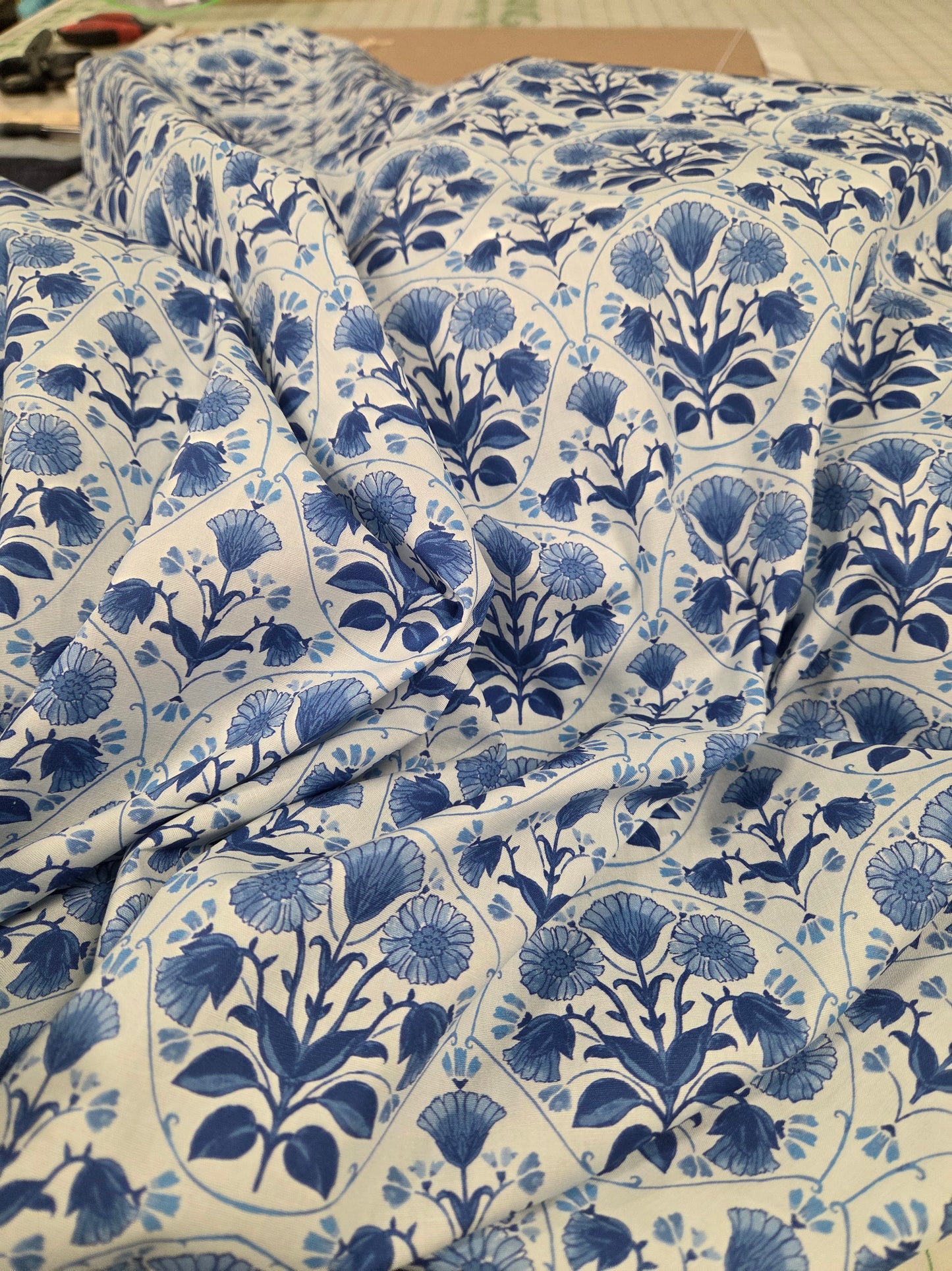 Designer Deadstock Cotton Spandex Poplin Vintage Parisian Blue Floral Woven- by the yard