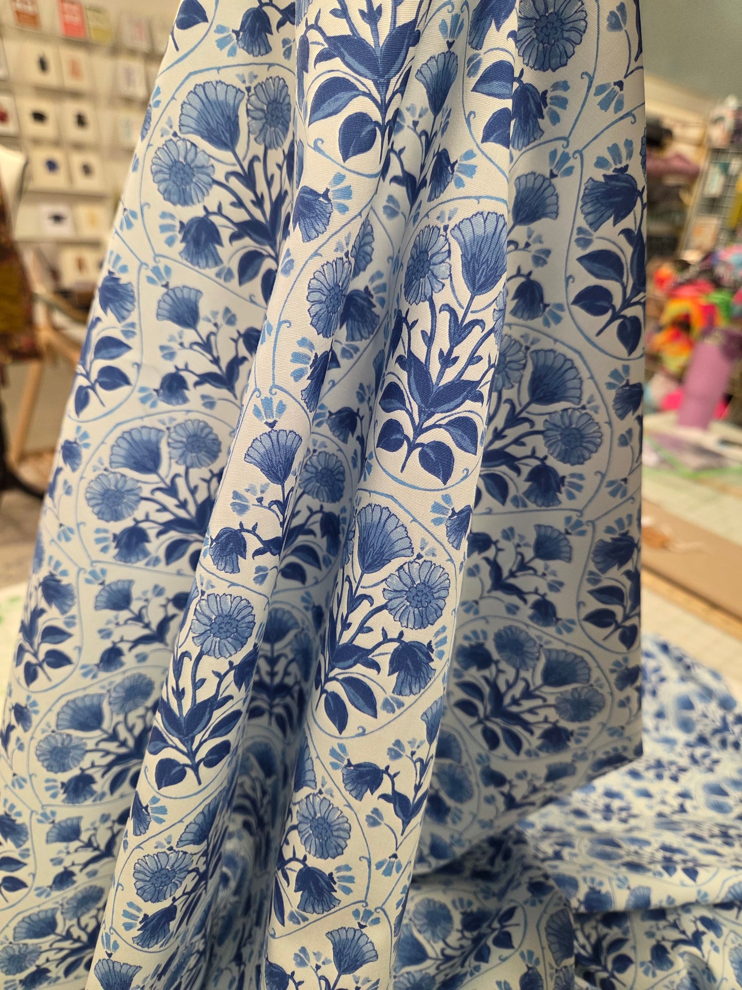 Designer Deadstock Cotton Spandex Poplin Vintage Parisian Blue Floral Woven- by the yard