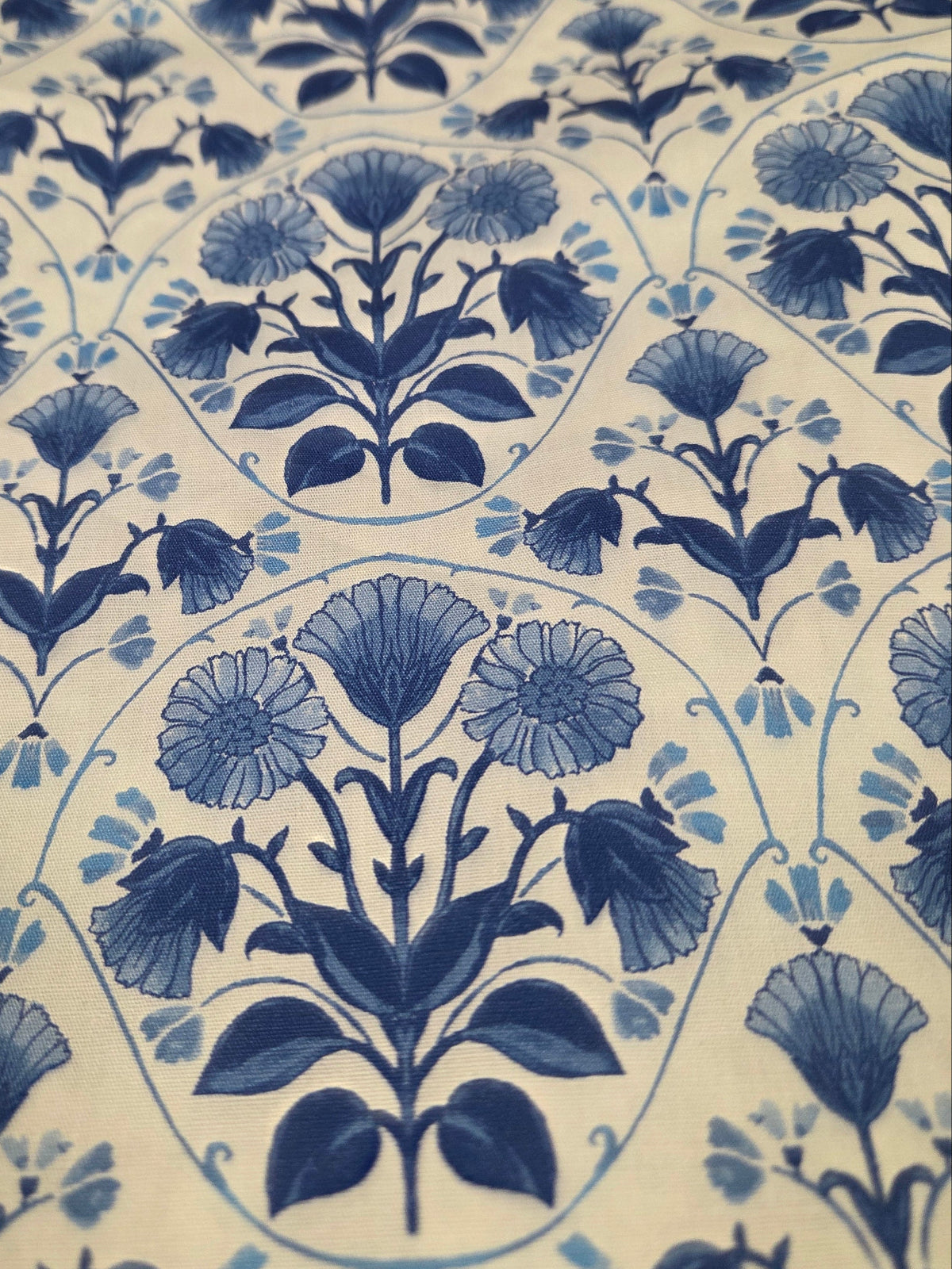 Fabric with blue floral pattern on a white background