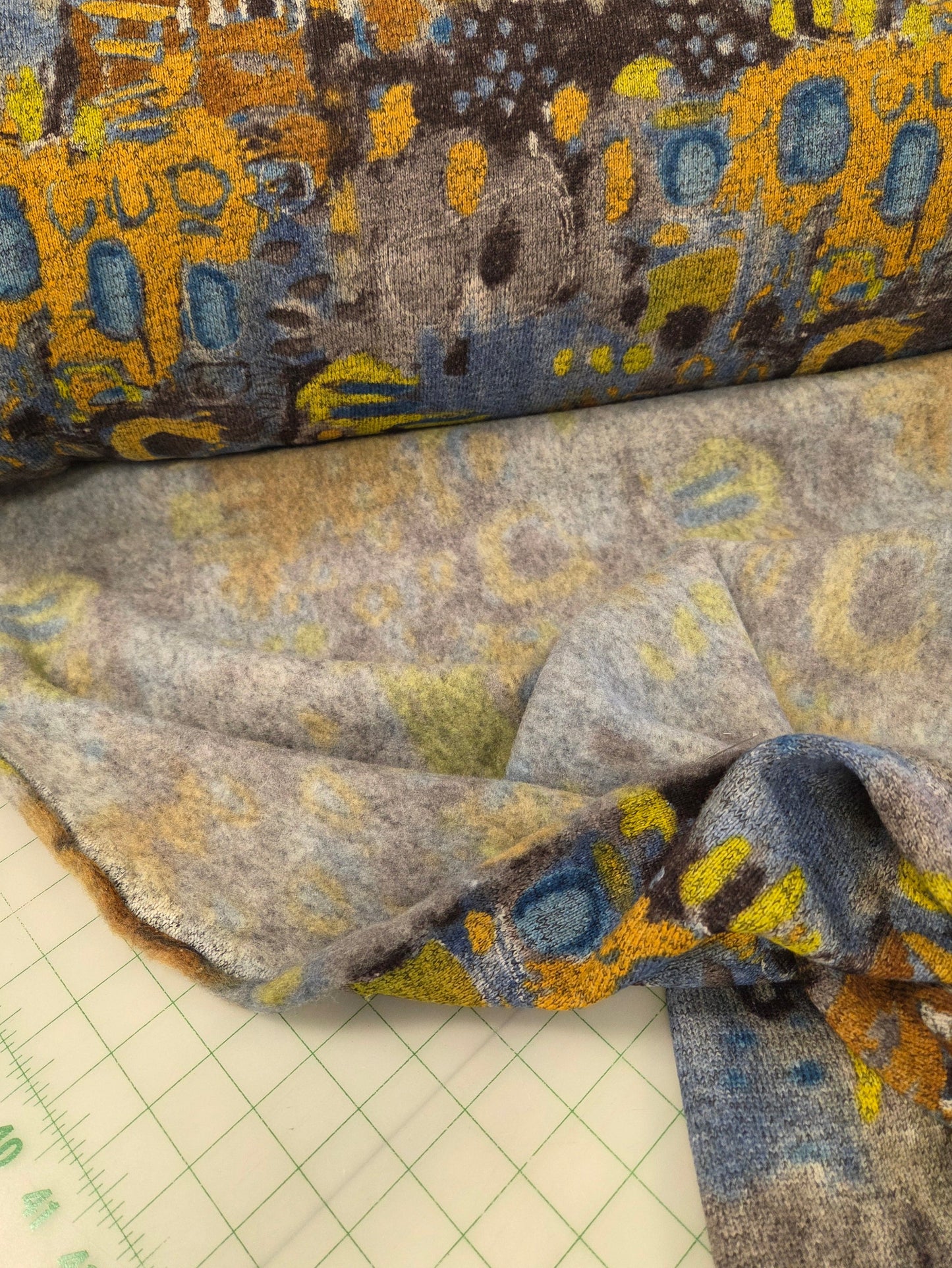 Designer Deadstock Apparel Hacci Yellow and Blue Printed Soft Fleece Abstract Knit- by the yard