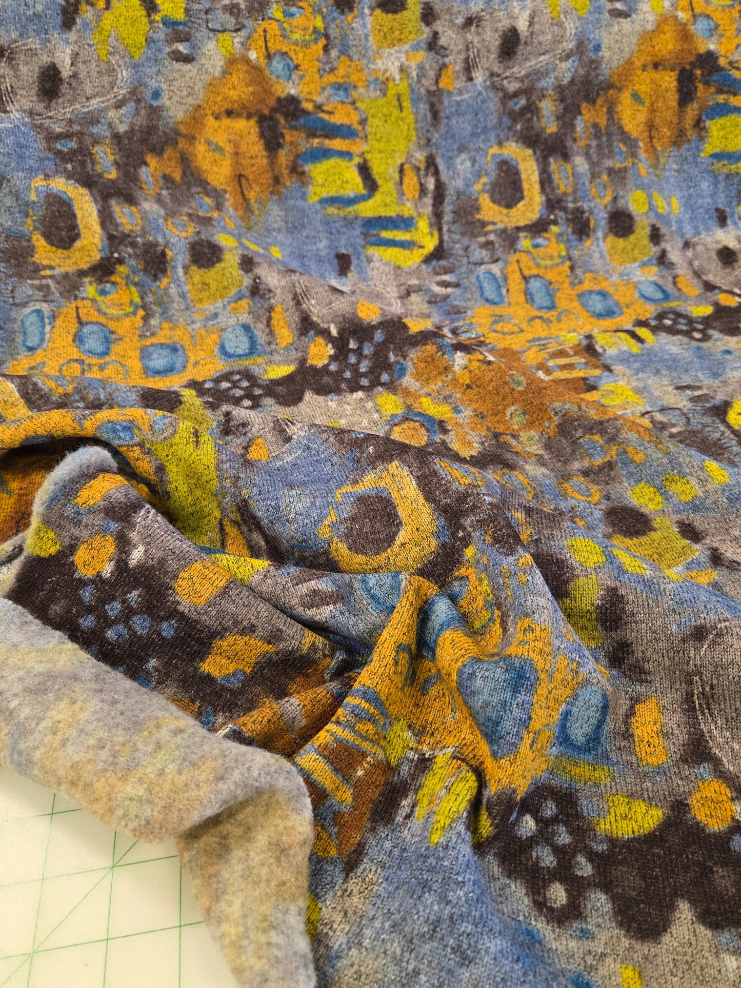 Designer Deadstock Apparel Hacci Yellow and Blue Printed Soft Fleece Abstract Knit- by the yard