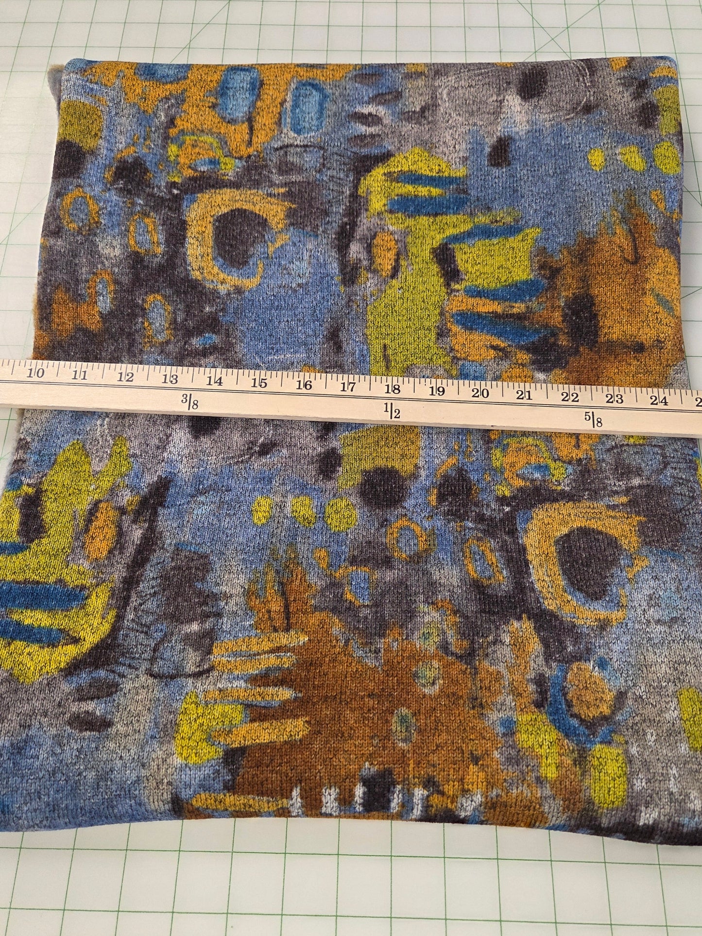 Designer Deadstock Apparel Hacci Yellow and Blue Printed Soft Fleece Abstract Knit- by the yard