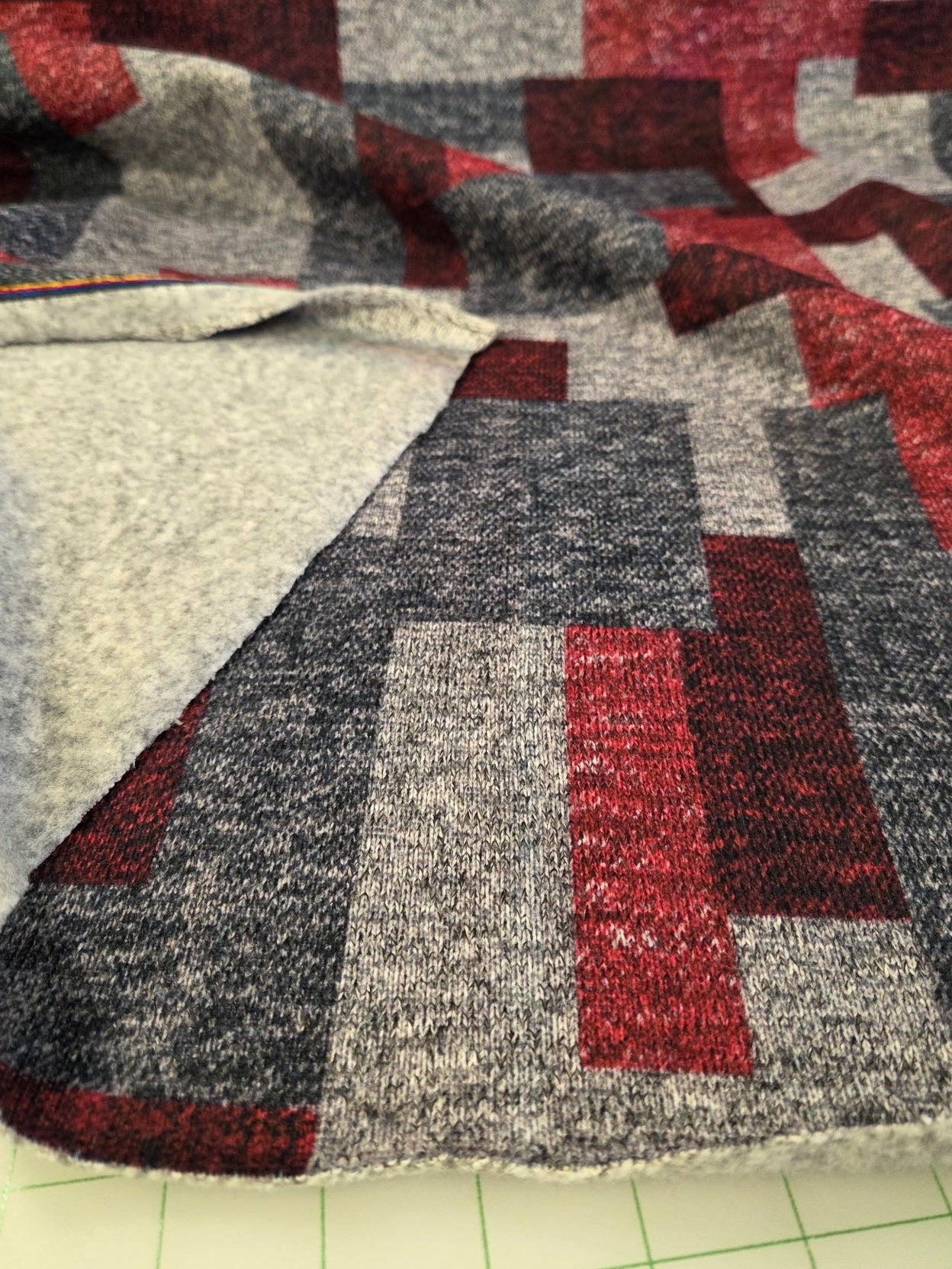 Designer Deadstock Apparel Hacci Overlapping Blocks Red and Gray Printed Soft Fleece Knit- by the yard