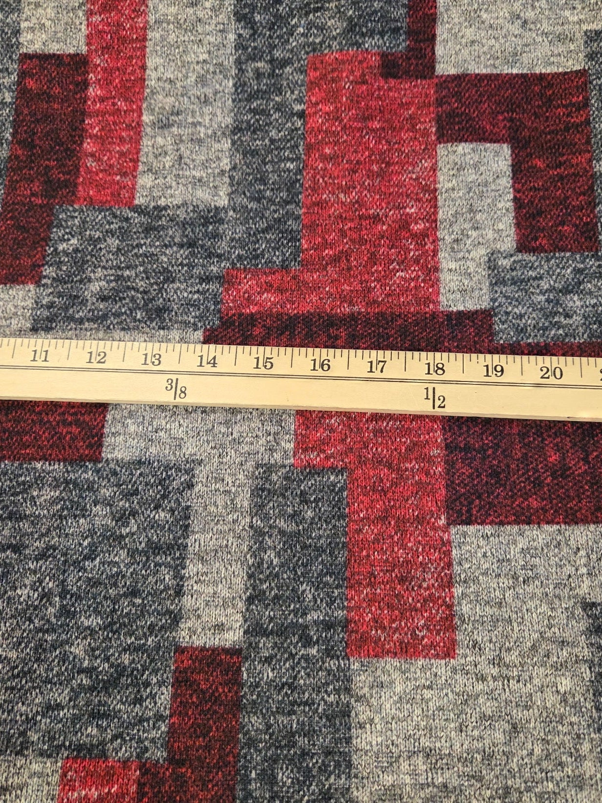 Designer Deadstock Apparel Hacci Overlapping Blocks Red and Gray Printed Soft Fleece Knit- by the yard