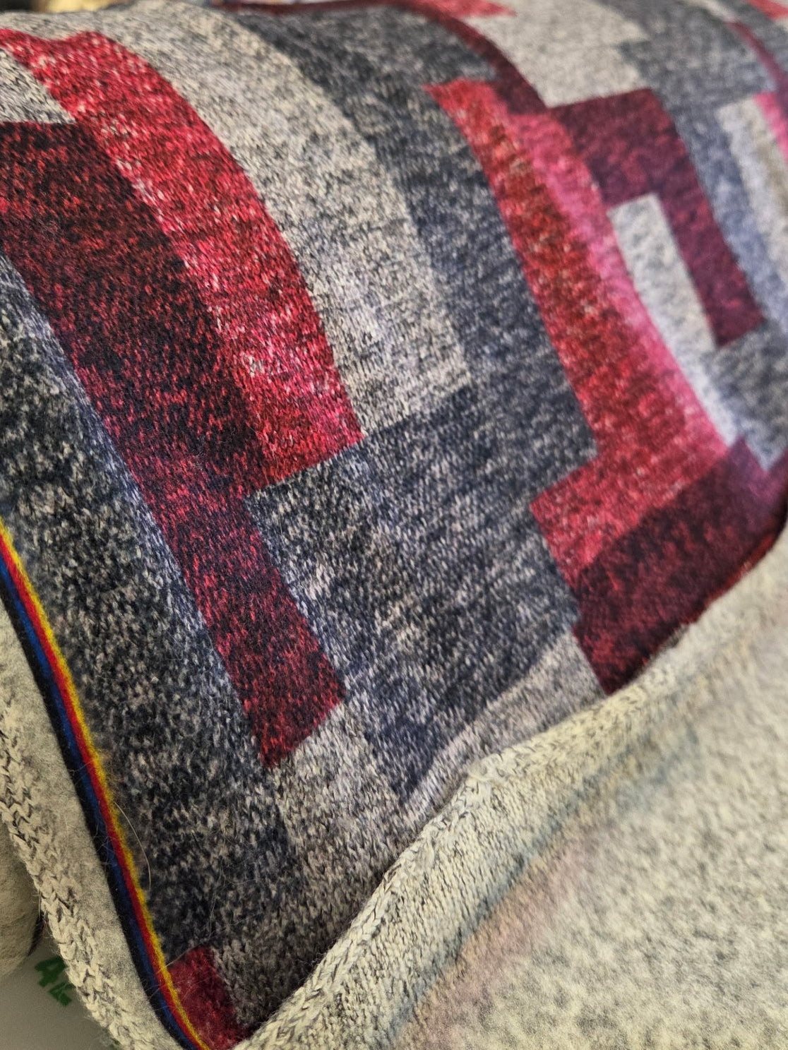 apparel fleece geometric blocks gray and red for sewing