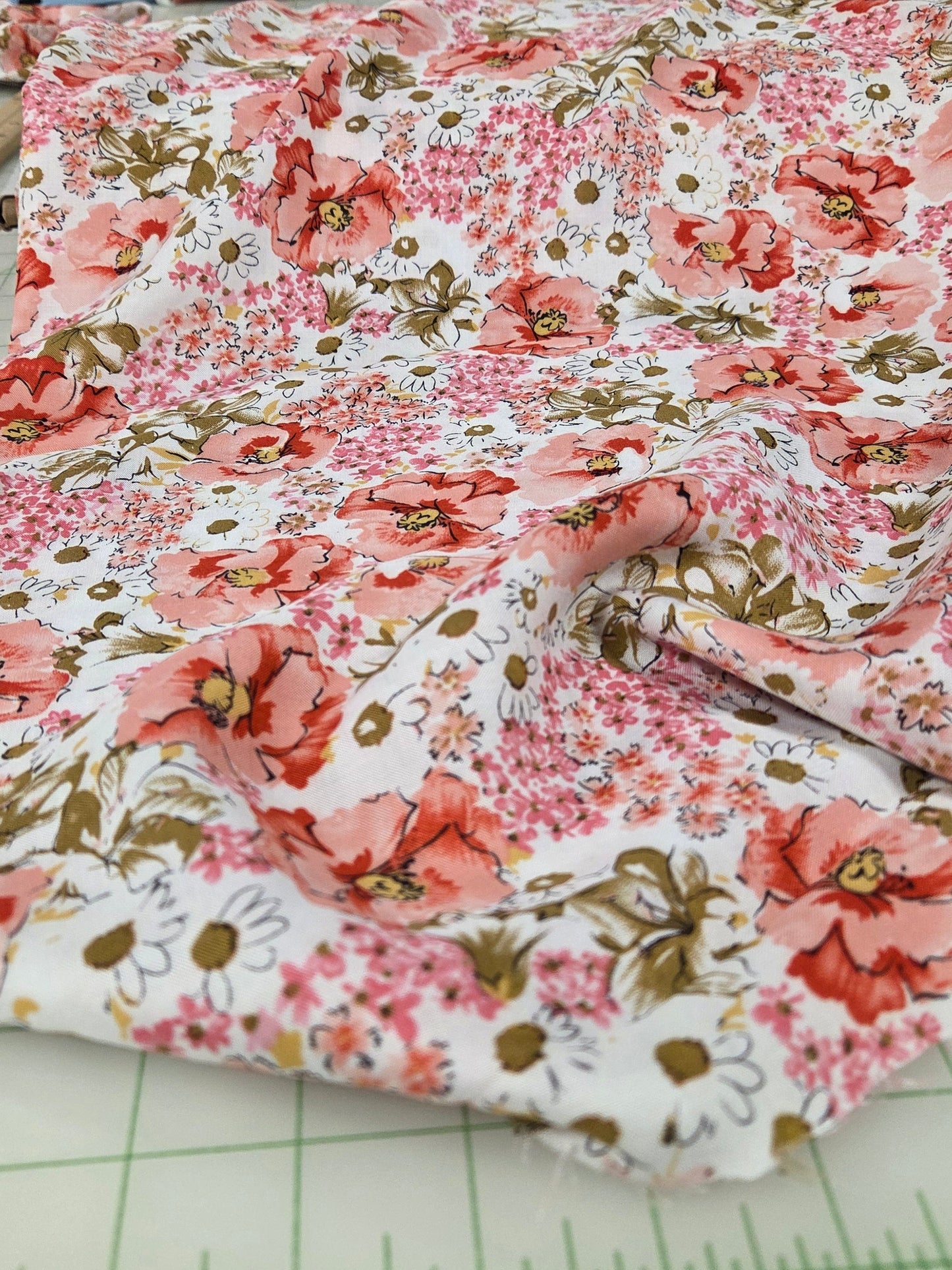 Designer LA Deadstock Rayon Challis Coral Pink Floral Summer Woven- by the yard