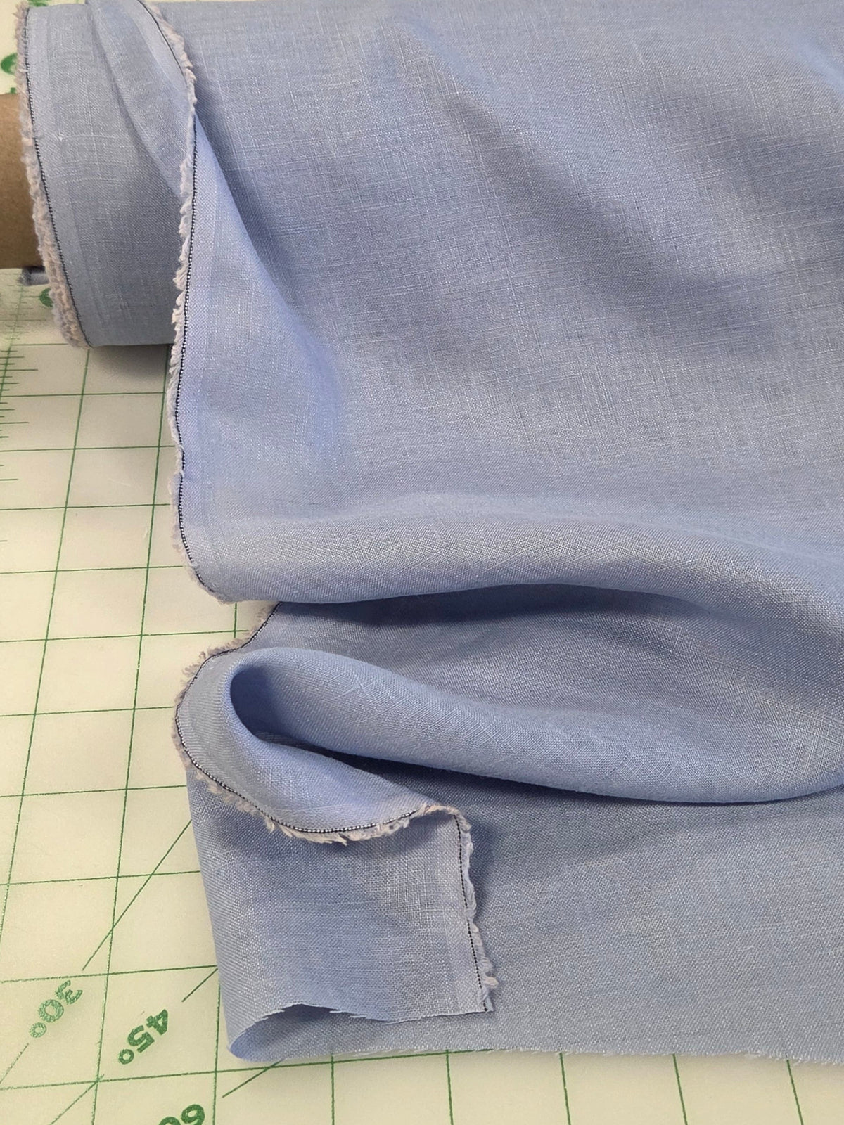 Designer Deadstock Cross Hatch Rayon Linen Light Blue Woven Solid-by the yard