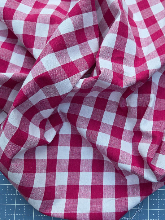 Pre-Order: Designer Deadstock Magenta  Gingham Checker Yarn Dyed Cotton Spandex Linen- by the yard