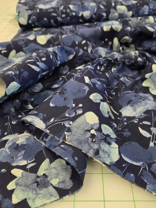 Japan Fabric: Floral Watercolor Blue Cotton Linen Canvas Woven- by the yard