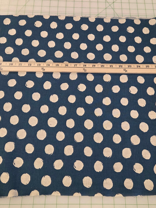 Navy blue fabric with white polka dots on a cutting mat with a ruler.