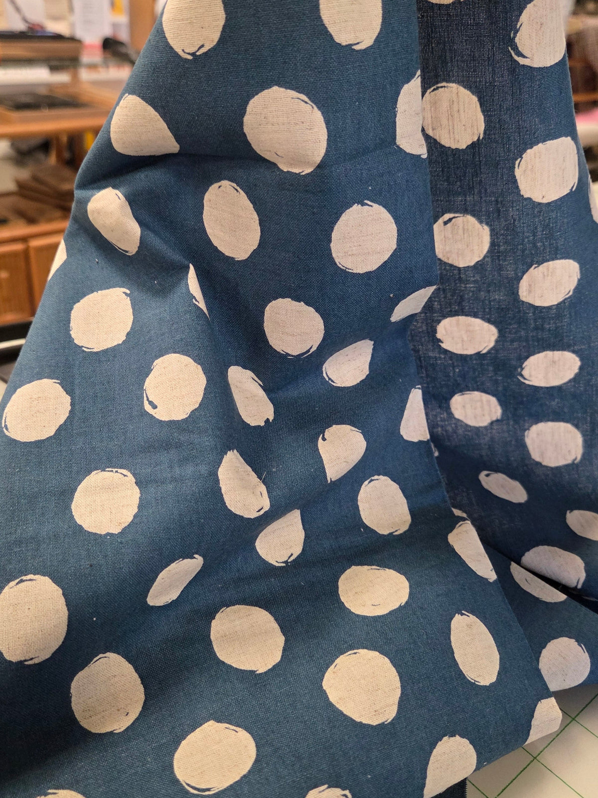 Japan Fabrics: Kokka Cotton Linen Blue and Ivory Dot Woven- by the yard