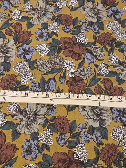 Japan Fabrics: Kokka Cotton Linen Garden Mustard Yellow Floral Woven-by the yard